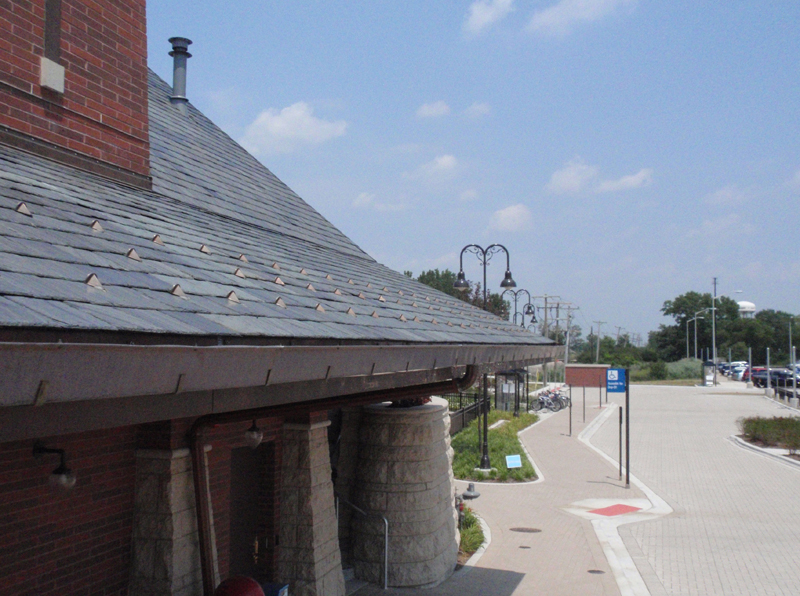 Alpine Snowguards on Slate Roof at the Tinley Park, IL Metra Station